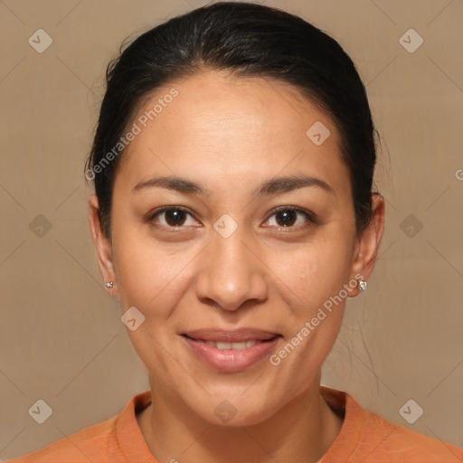 Joyful latino young-adult female with short  brown hair and brown eyes