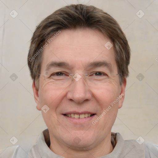 Joyful white adult male with short  brown hair and grey eyes