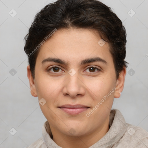 Joyful white young-adult female with short  brown hair and brown eyes