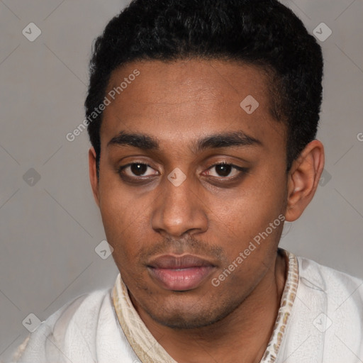 Neutral latino young-adult male with short  black hair and brown eyes
