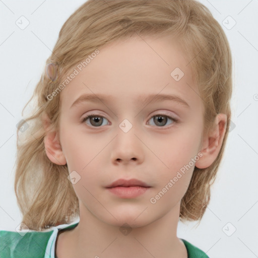 Neutral white child female with medium  brown hair and blue eyes