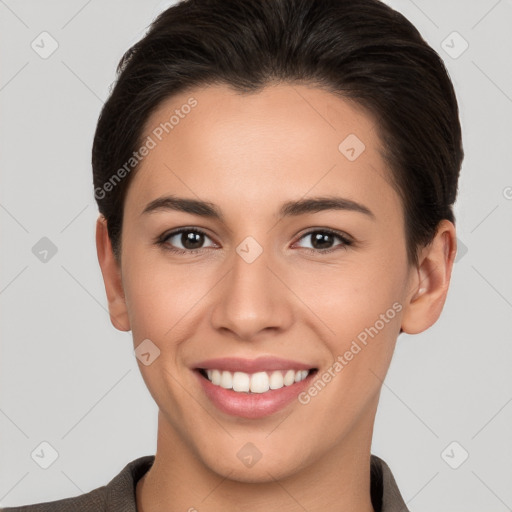 Joyful white young-adult female with short  brown hair and brown eyes