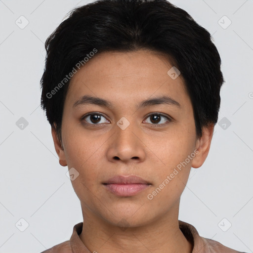 Neutral asian young-adult female with short  black hair and brown eyes