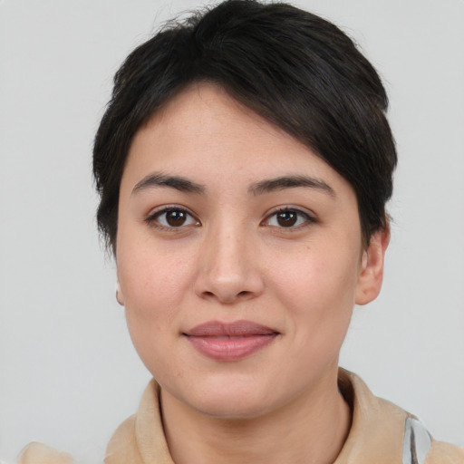 Joyful asian young-adult female with short  brown hair and brown eyes