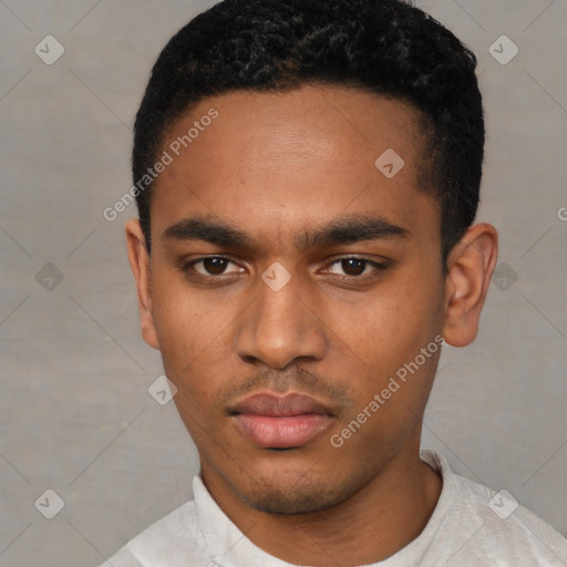 Neutral latino young-adult male with short  black hair and brown eyes