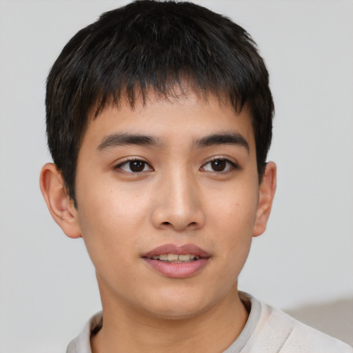 Neutral asian young-adult male with short  brown hair and brown eyes
