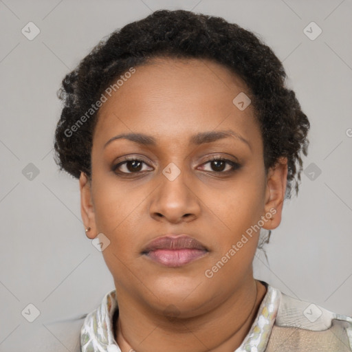 Neutral black young-adult female with short  brown hair and brown eyes