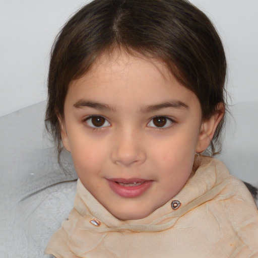 Joyful white child female with medium  brown hair and brown eyes