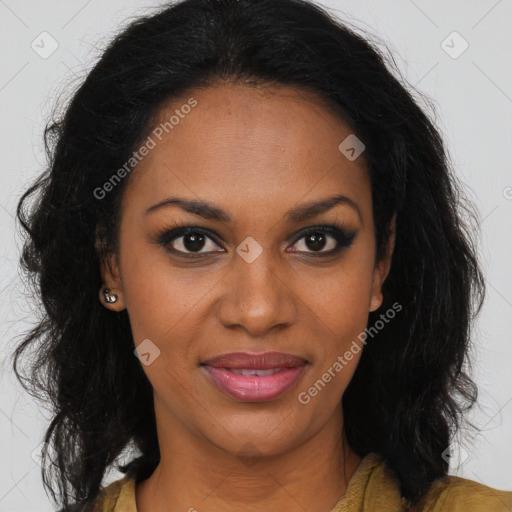 Joyful black young-adult female with long  brown hair and brown eyes