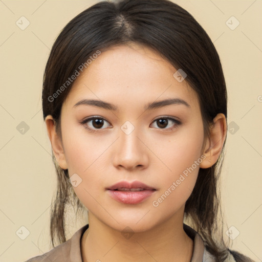 Neutral white young-adult female with long  brown hair and brown eyes