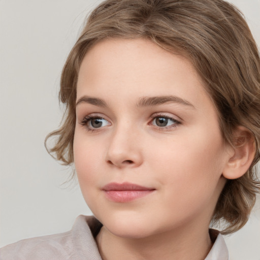 Neutral white young-adult female with medium  brown hair and grey eyes