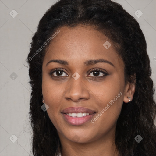 Joyful latino young-adult female with long  black hair and brown eyes