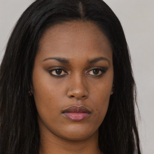 Neutral asian young-adult female with long  brown hair and brown eyes