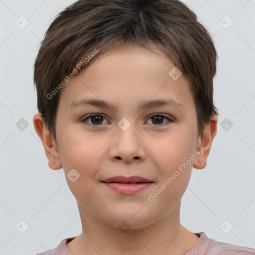 Joyful white child female with short  brown hair and brown eyes