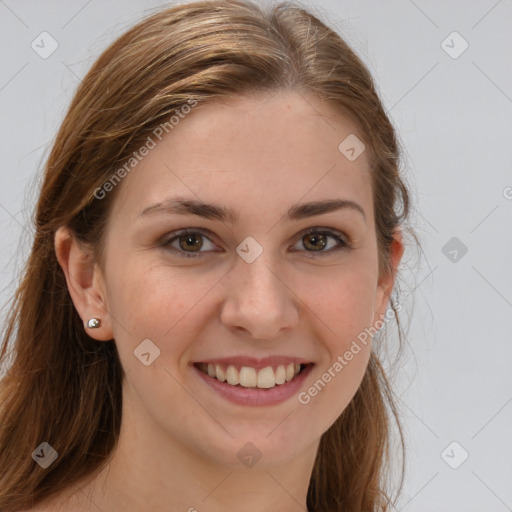 Joyful white young-adult female with long  brown hair and grey eyes