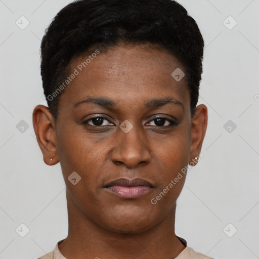 Neutral black young-adult female with short  black hair and brown eyes