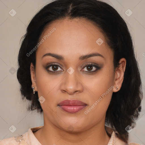 Joyful latino young-adult female with medium  brown hair and brown eyes