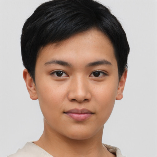 Neutral asian young-adult female with short  black hair and brown eyes