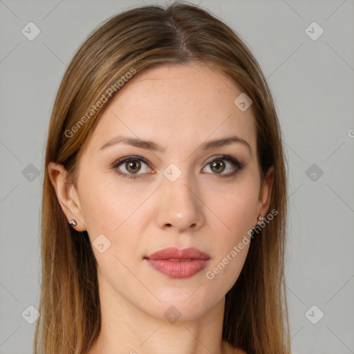 Neutral white young-adult female with long  brown hair and brown eyes