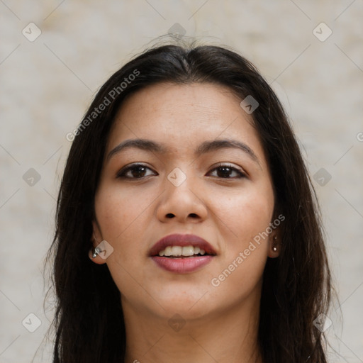 Joyful asian young-adult female with long  brown hair and brown eyes