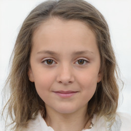 Joyful white child female with medium  brown hair and brown eyes