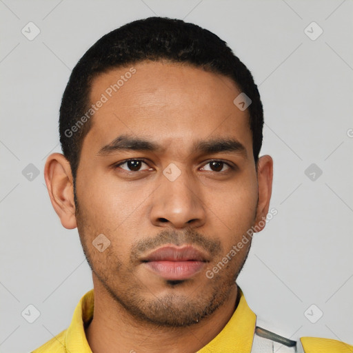 Neutral latino young-adult male with short  black hair and brown eyes