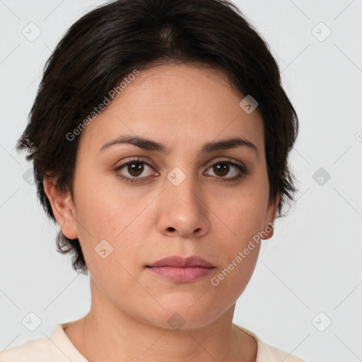 Neutral white young-adult female with medium  brown hair and brown eyes