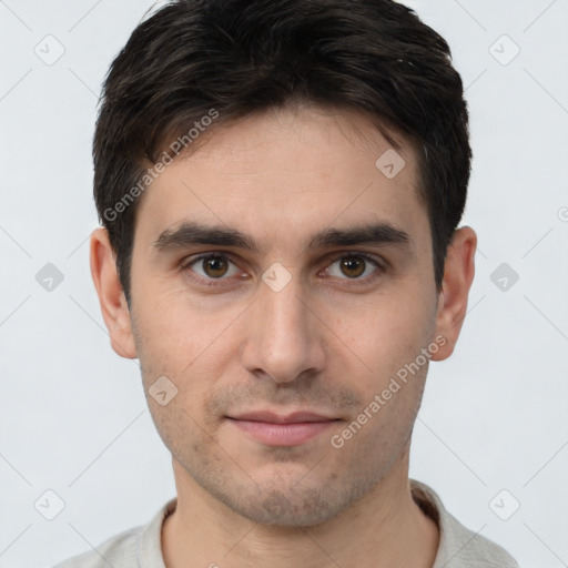 Neutral white young-adult male with short  brown hair and brown eyes