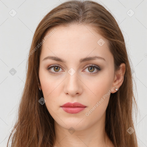 Neutral white young-adult female with long  brown hair and brown eyes