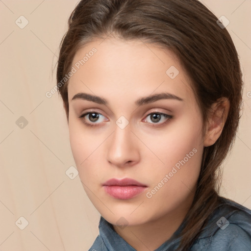 Neutral white young-adult female with medium  brown hair and brown eyes