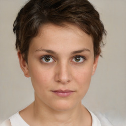 Neutral white young-adult female with short  brown hair and brown eyes