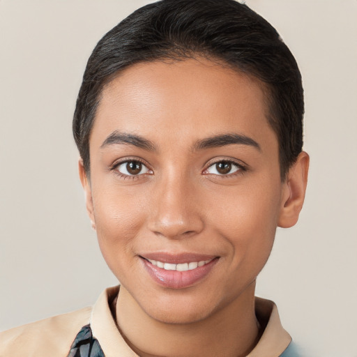 Joyful white young-adult female with short  brown hair and brown eyes