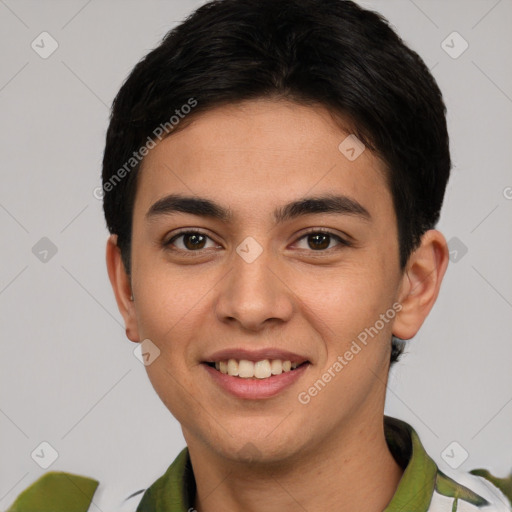 Joyful white young-adult male with short  brown hair and brown eyes