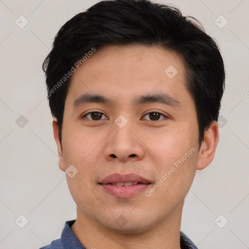 Neutral asian young-adult male with short  black hair and brown eyes