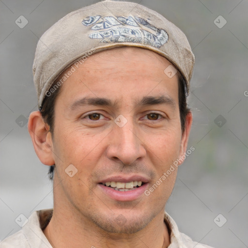 Joyful white adult male with short  brown hair and grey eyes