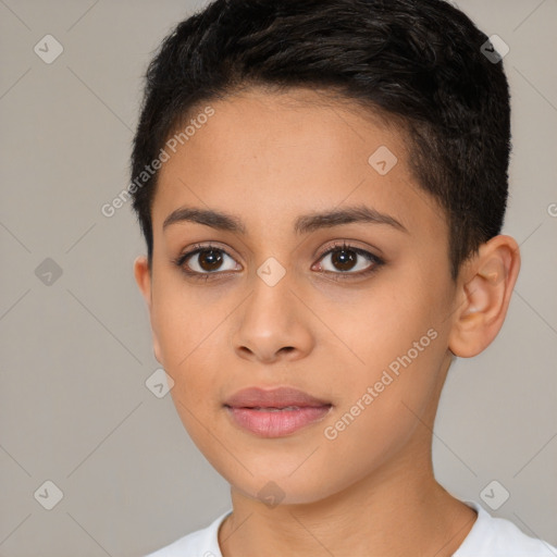 Joyful latino young-adult female with short  black hair and brown eyes