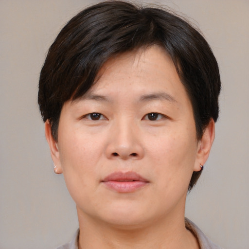 Neutral asian adult male with short  brown hair and brown eyes