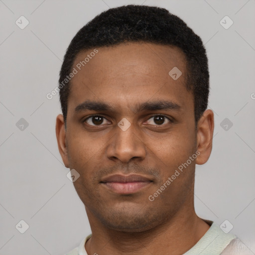 Neutral black young-adult male with short  black hair and brown eyes