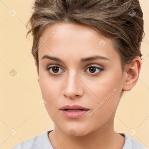 Neutral white young-adult female with short  brown hair and brown eyes