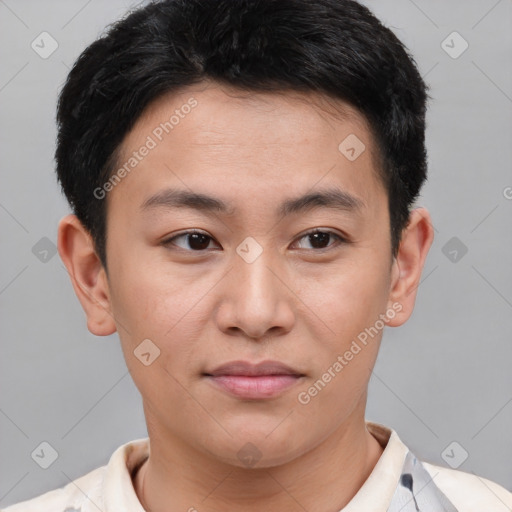 Joyful asian young-adult male with short  brown hair and brown eyes
