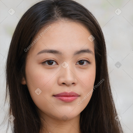 Neutral asian young-adult female with long  brown hair and brown eyes