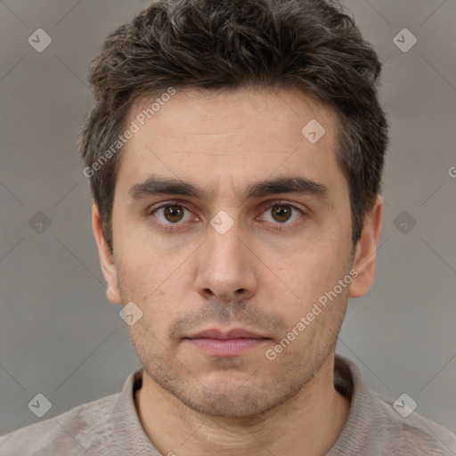 Neutral white young-adult male with short  brown hair and brown eyes