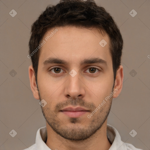 Neutral white young-adult male with short  brown hair and brown eyes