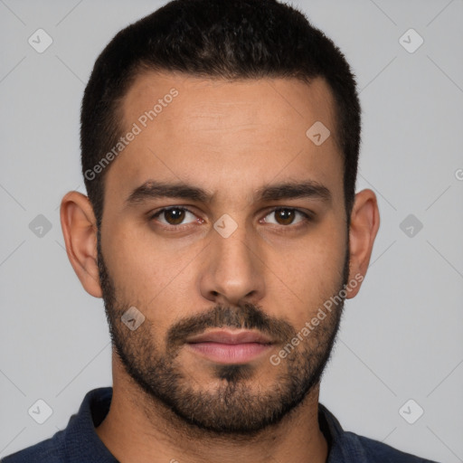 Neutral white young-adult male with short  brown hair and brown eyes