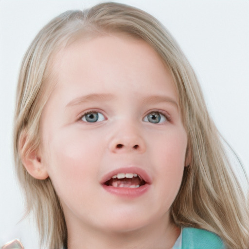 Neutral white child female with medium  brown hair and blue eyes