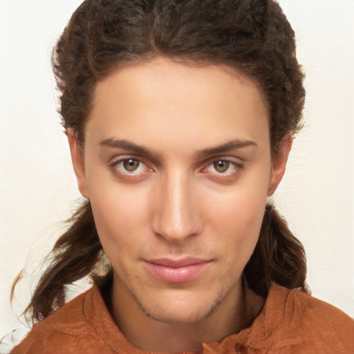 Neutral white young-adult female with short  brown hair and brown eyes