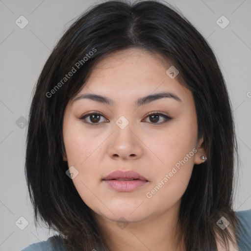 Neutral asian young-adult female with medium  brown hair and brown eyes