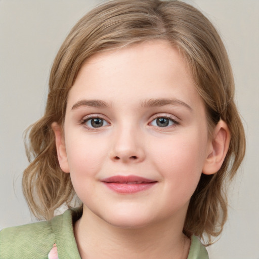 Joyful white child female with medium  brown hair and grey eyes