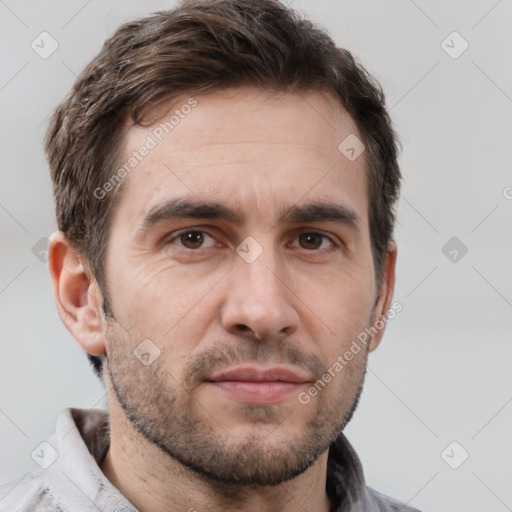 Neutral white young-adult male with short  brown hair and brown eyes