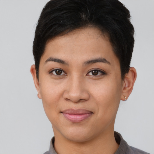 Joyful asian young-adult female with short  brown hair and brown eyes